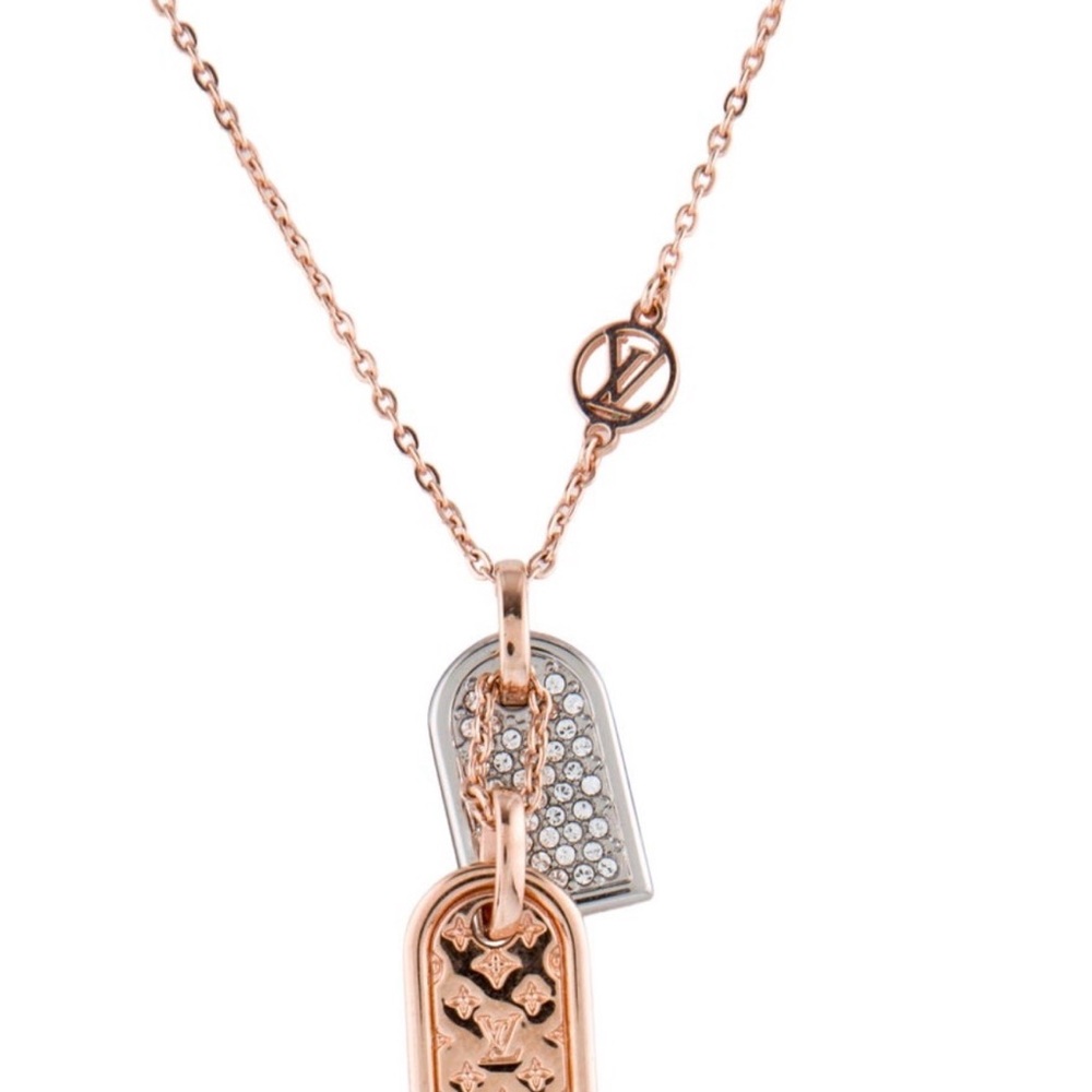 Louis Vuitton Rose Gold and Silver Crystal Tag Pendant Necklace